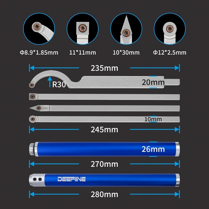 DEEFIINE Carbide Tip Wood Lathe Turning Tool Kit, Lathe Roughing and Finishing Hollow Tool Interchangeable Aluminum Alloy Handle with Diamond Round Square Carbide Inserts (Metal handle) - Image 4